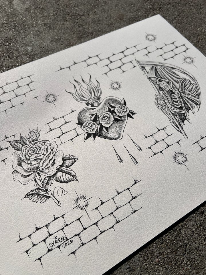 A dotwork flash sheet with a rose, a flaming sacred heart and a grim reaper.
