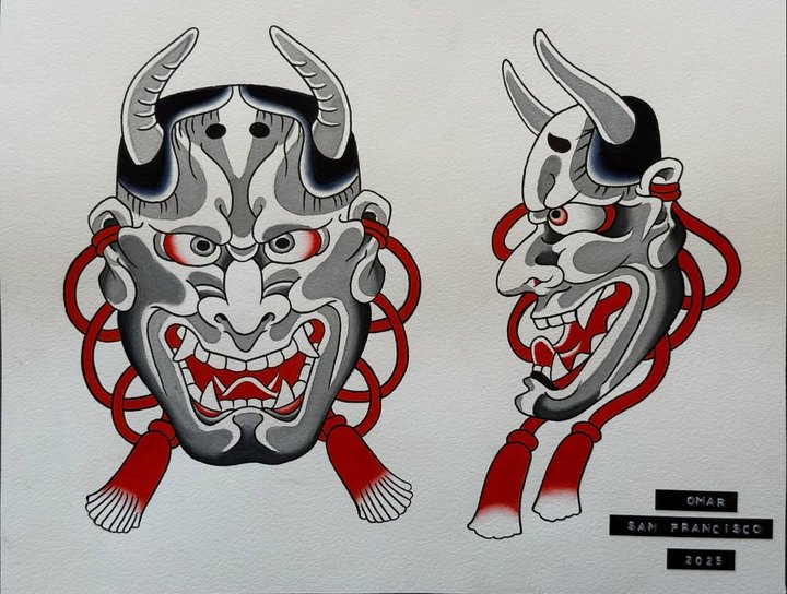 Painted flash of a Japanese hannya mask shown from the front and in profile.