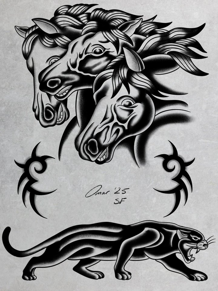 Flash sheet by Omar: two horse heads, spike motifs and a crawling black panther